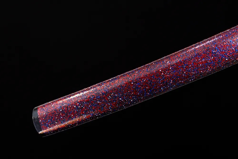 Bottom purple‑glitter‑phantasm saya gilded‑alloy kojiri end‑cap close‑up‑long katana