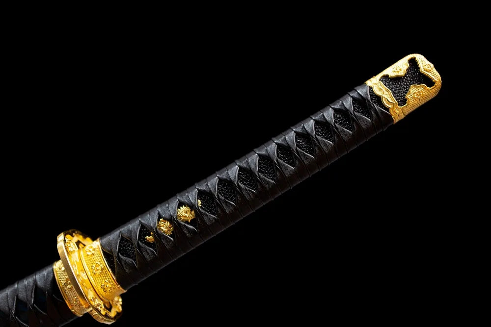Full black woven ito tsuka gilded chrysanthemum‑mon brass fittings complete front shot