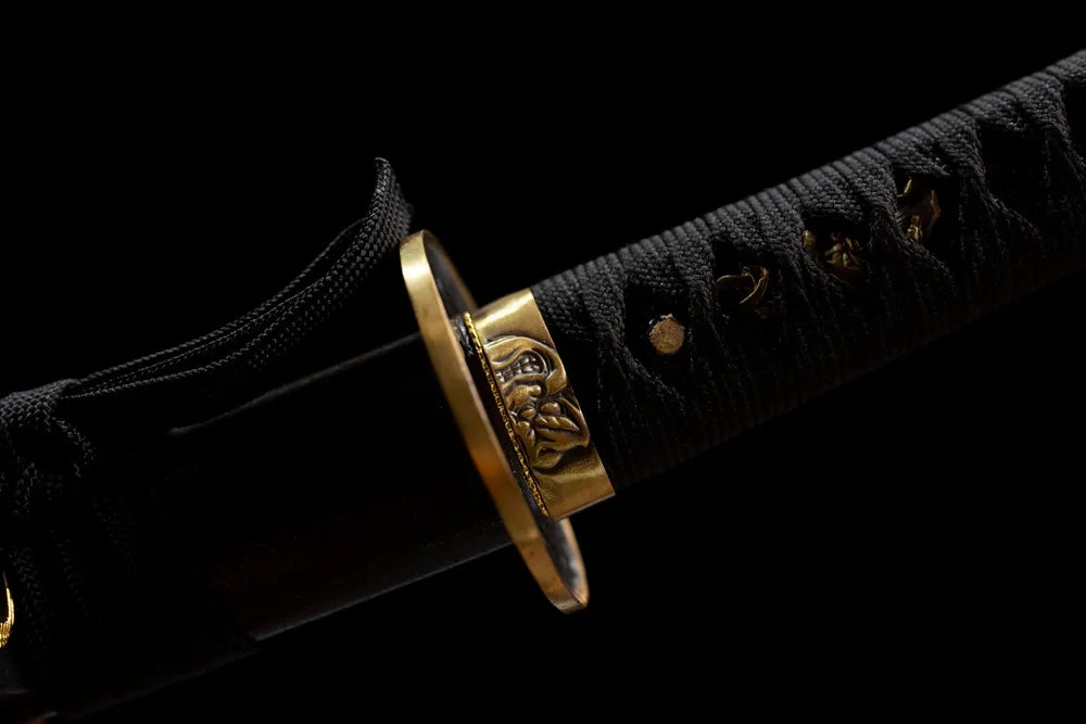 Wakizashi‑Diamond – Traditional Japanese Wakizashi T10 Clay‑Tempered Steel Demon‑Mask Brass Fittings Black Tsuka Black Textured Saya Short Samurai Side Sword