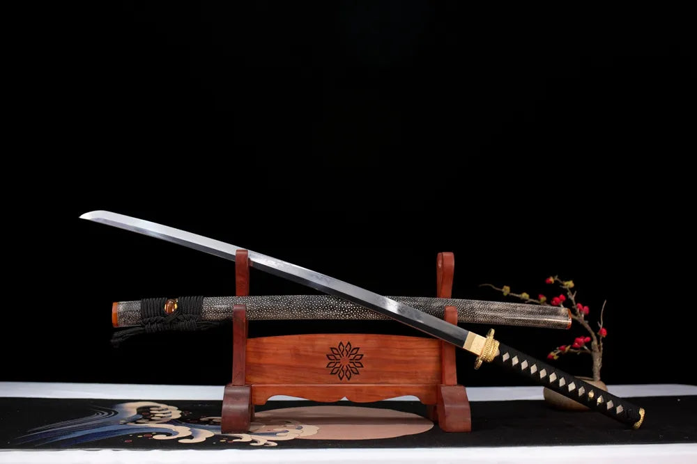 45‑angle open full‑size Night‑Elf‑Katana dark‑night elven‑fantasy‑mystical samurai katana two‑layer wooden stand front view