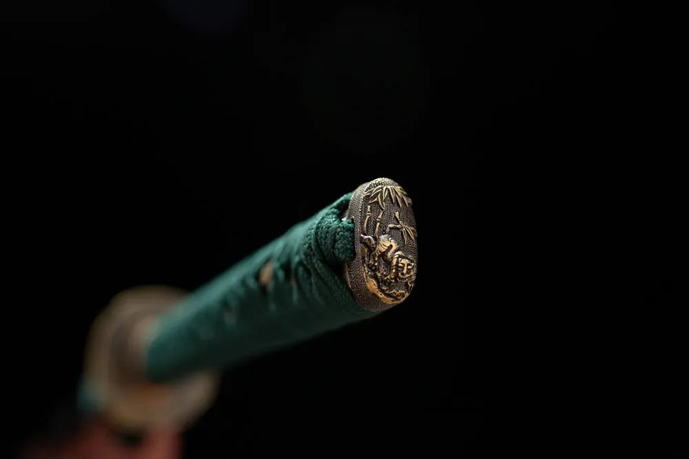 3D‑sculpted bamboo‑tiger vintage‑brass pommel‑cap detail shot