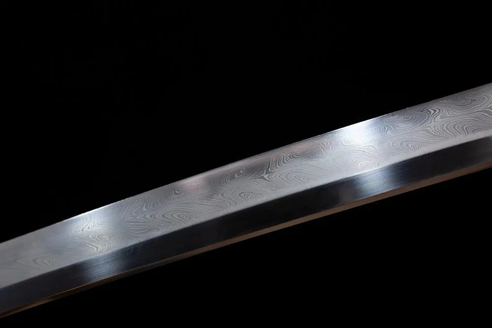 Mid‑section clean suguha straight‑even‑pattern hamon steel katana blade surface close‑up shot