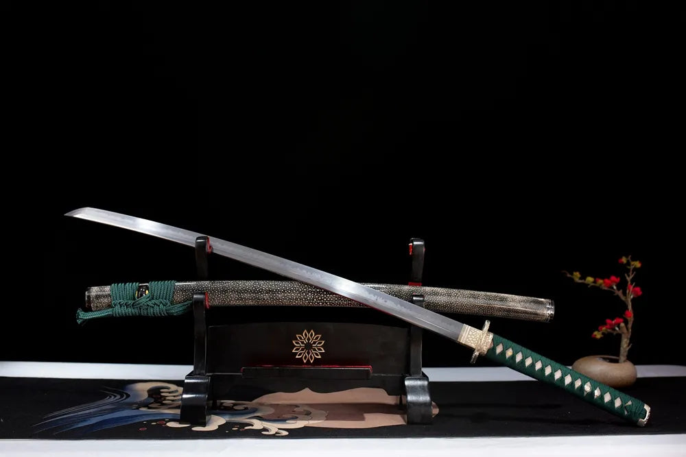 45‑angle open full‑size Blooming‑Katana lush spring‑blooming‑floral‑motif graceful samurai katana two‑layer wooden stand front view