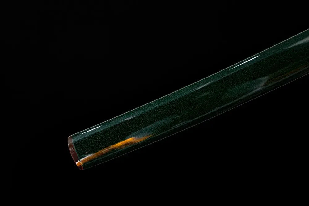 Bottom dark‑emerald‑green saya copper‑gilt‑silver‑plated kojiri end‑cap close‑up
