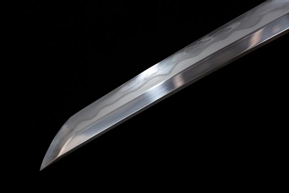 Classic compact kokissaki tip of Black‑Knight‑Wakizashi blade close‑up view