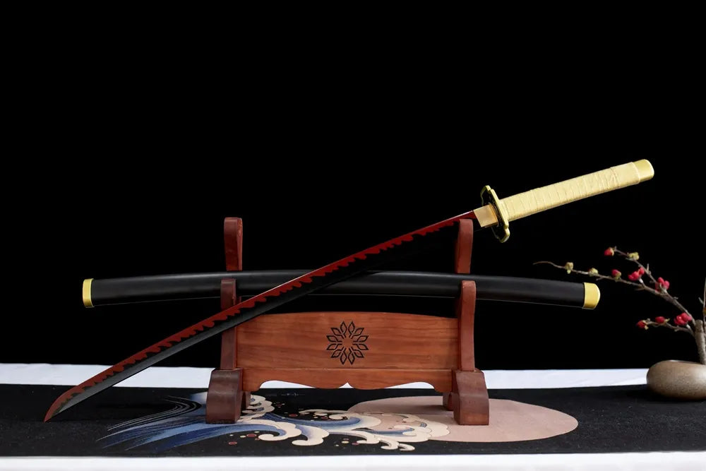 Slanted upright drawn Demon‑Slayer Yoriichi Tsugikuni nichirin sword wooden shelf front perspective