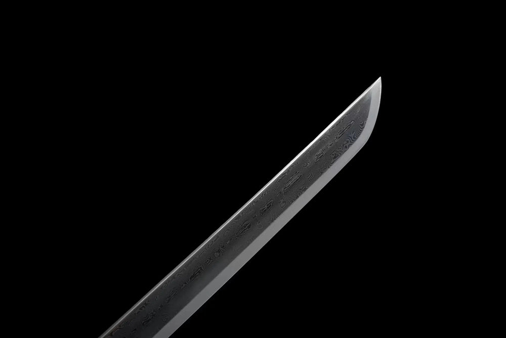Classic functional katana‑style kissaki tip of Dragon‑Shadow‑Katana blade close‑up view