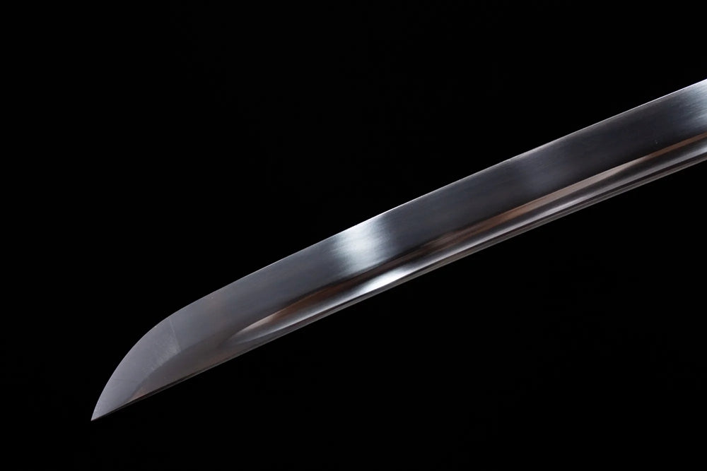 Classic functional katana‑style kissaki tip of Startled‑Salamander‑Katana blade close‑up view
