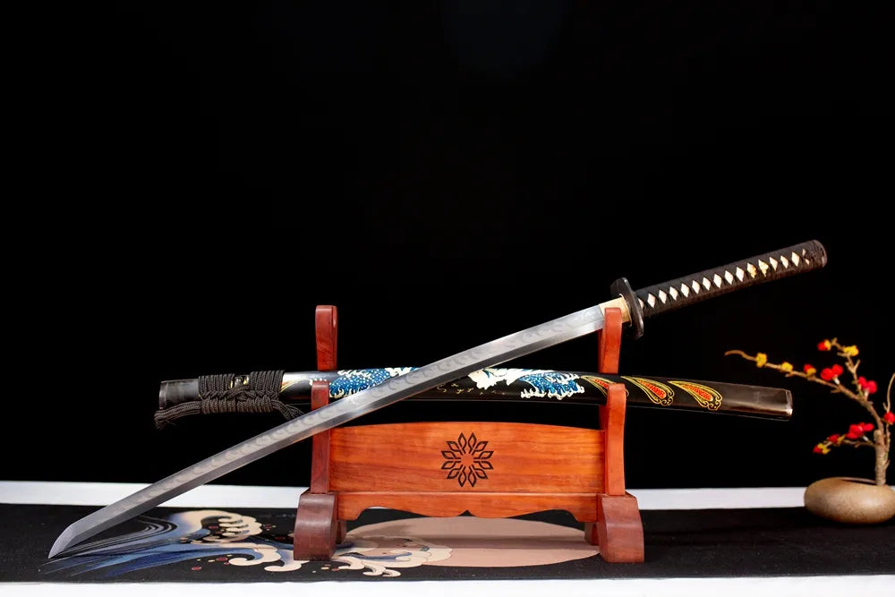 Slanted upright drawn The‑Great‑Wave‑Katana classic‑ukiyo‑e‑art katana wooden shelf front perspective