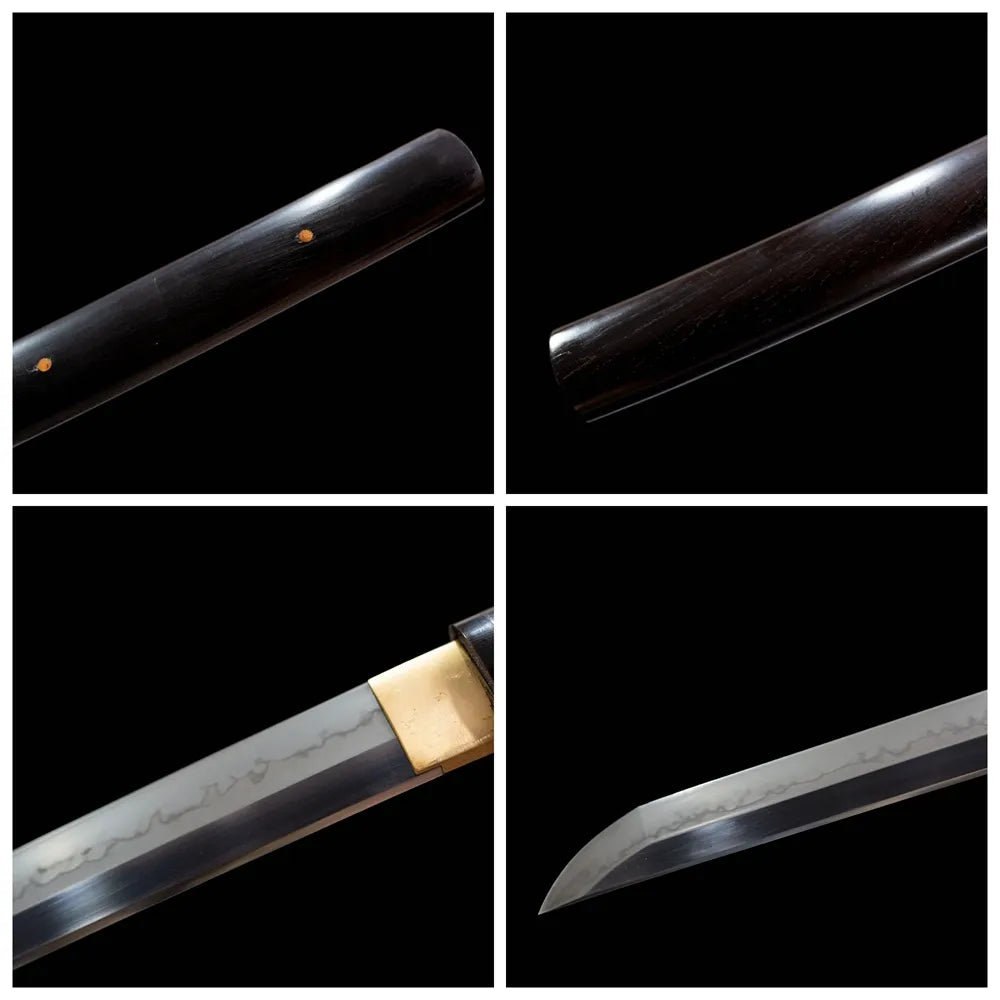 Four‑grid collage plain brass habaki, solid ebony tsuka grip, unadorned black shirasaya saya, natural hamon blade close‑up details