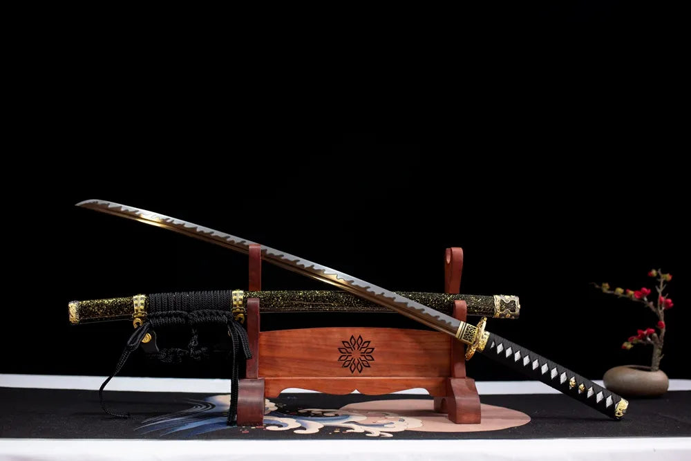 45‑angle open full‑size Dragon‑Blade‑Tachi legendary‑dragon‑theme samurai tachi two‑layer wooden stand front view