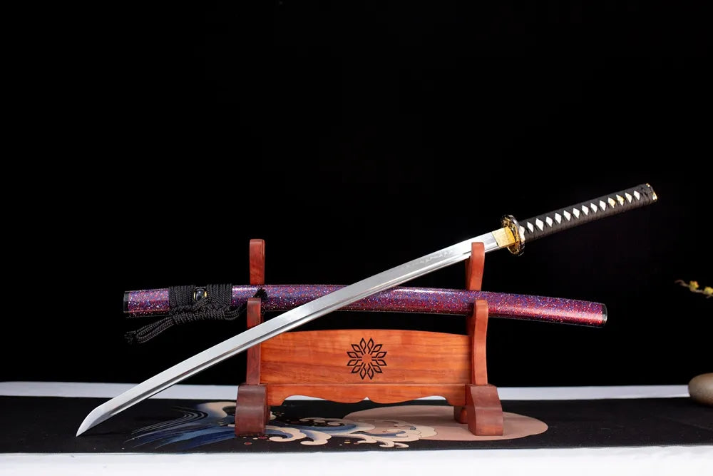 Slanted upright drawn Moyuan‑Katana‑Set‑L dual‑sword‑set‑collector‑art katana wooden shelf front perspective