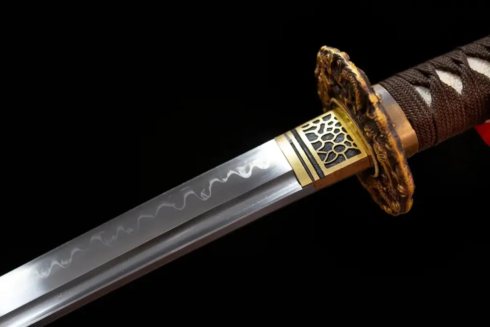 Upper T10 clay‑tempered katana blade brass habaki midare‑choji specter‑shard‑wraith‑flickering hamon temper‑line macro close‑up