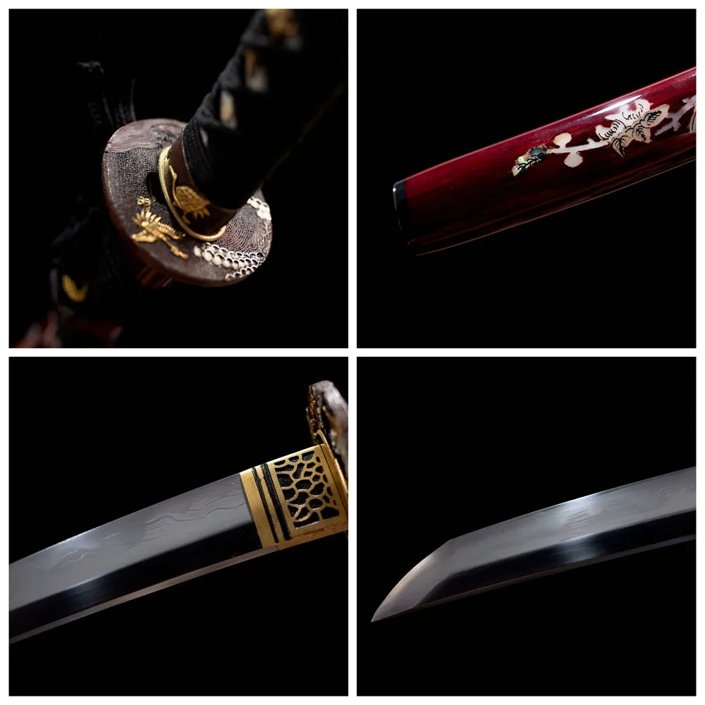 Four‑grid collage open‑work tsurumaru‑crane‑relief antique‑brass tsuba, ivory‑cream ito tsuka, off‑white gold‑crane‑maki‑e saya, suji‑gunome hamon blade close‑up details