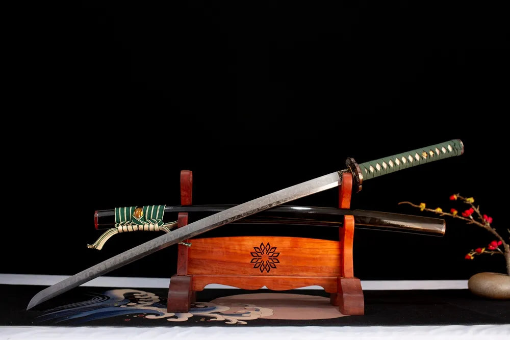 Slanted upright drawn Aeolian‑Bells‑Katana aeolian‑bell‑ethereal‑art katana wooden shelf front perspective