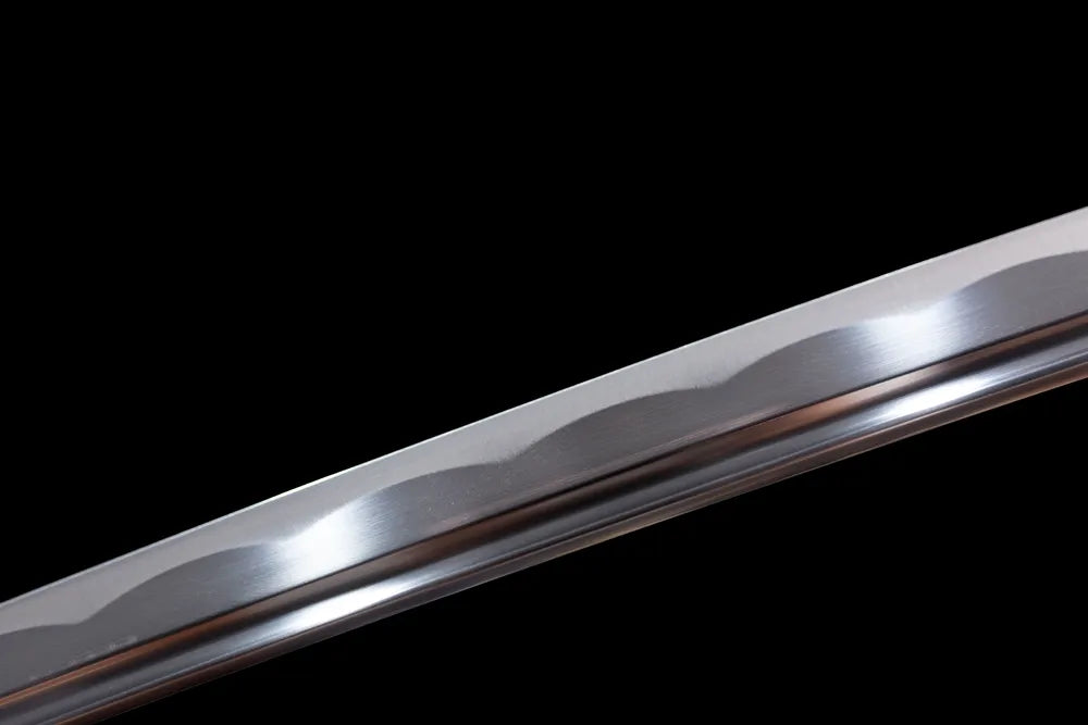 Mid‑section suguha straight hamon steel blade surface texture close‑up shot