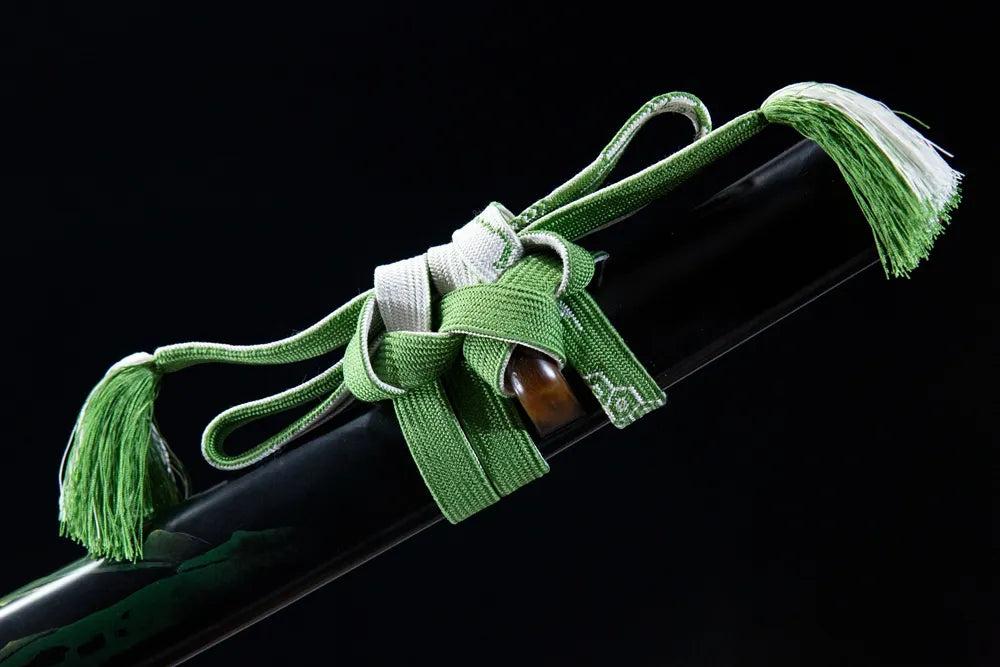 Green white woven cotton sageo cord tied on ox horn saya ring