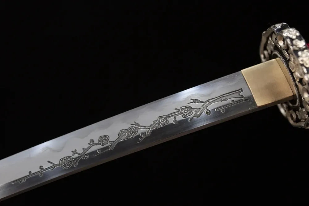 Upper honsanmai‑sanmai‑forged damascus‑t10 tachi blade brass habaki gunome undulating wave hamon temper‑line macro close‑up