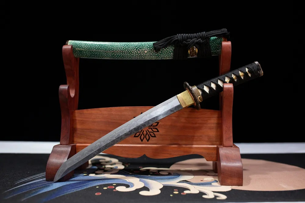 Slanted upright drawn Green‑Demon‑Wakizashi yokai‑oni dark‑fantasy wakizashi wooden shelf front perspective