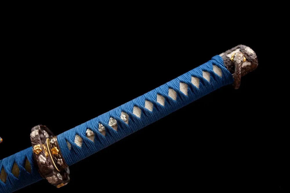 Full deep‑blue woven ito tsuka gold‑silver‑plated copper family‑mon fittings complete front shot
