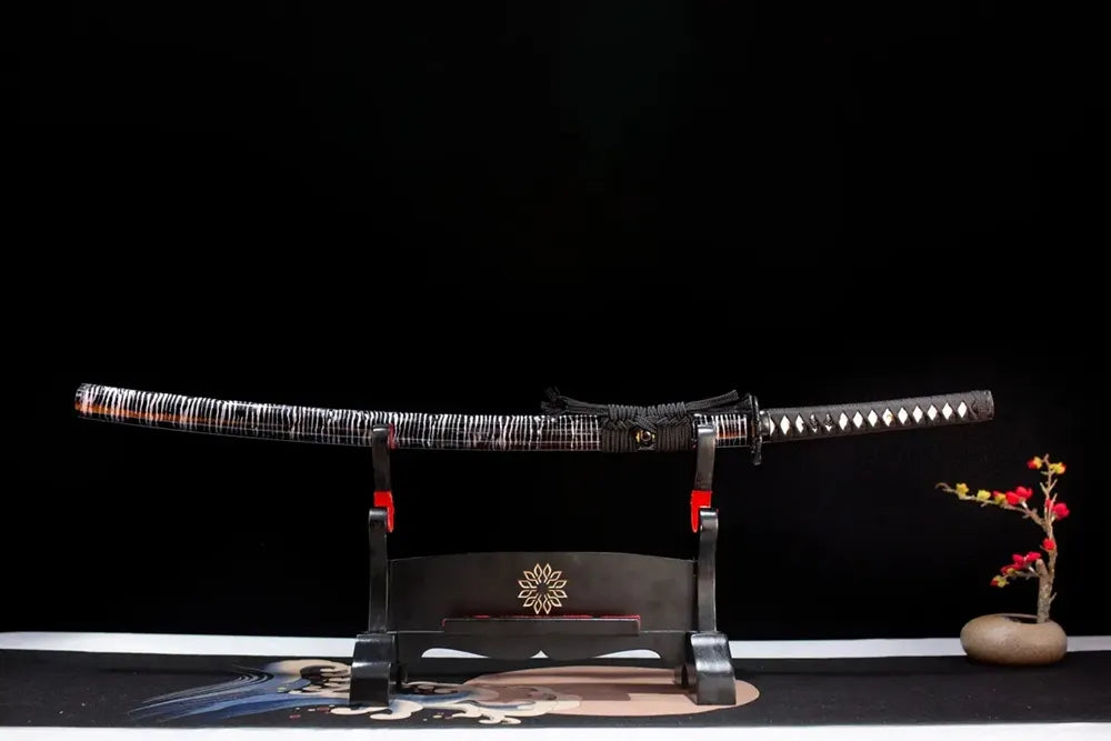45° front fully sheathed Colore‑Katana colore‑western‑hybrid‑art themed katana placed on carved wooden sword display stand