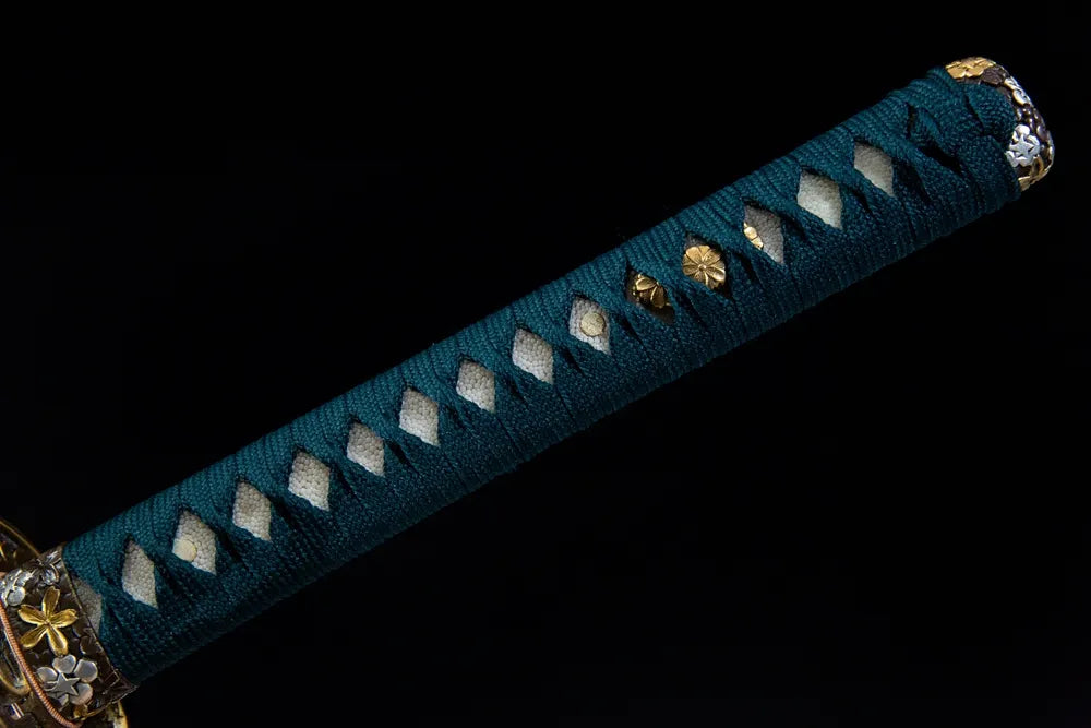 Full imogata tsuka front view genuine ray skin gilded sakura brass fuchi kashira