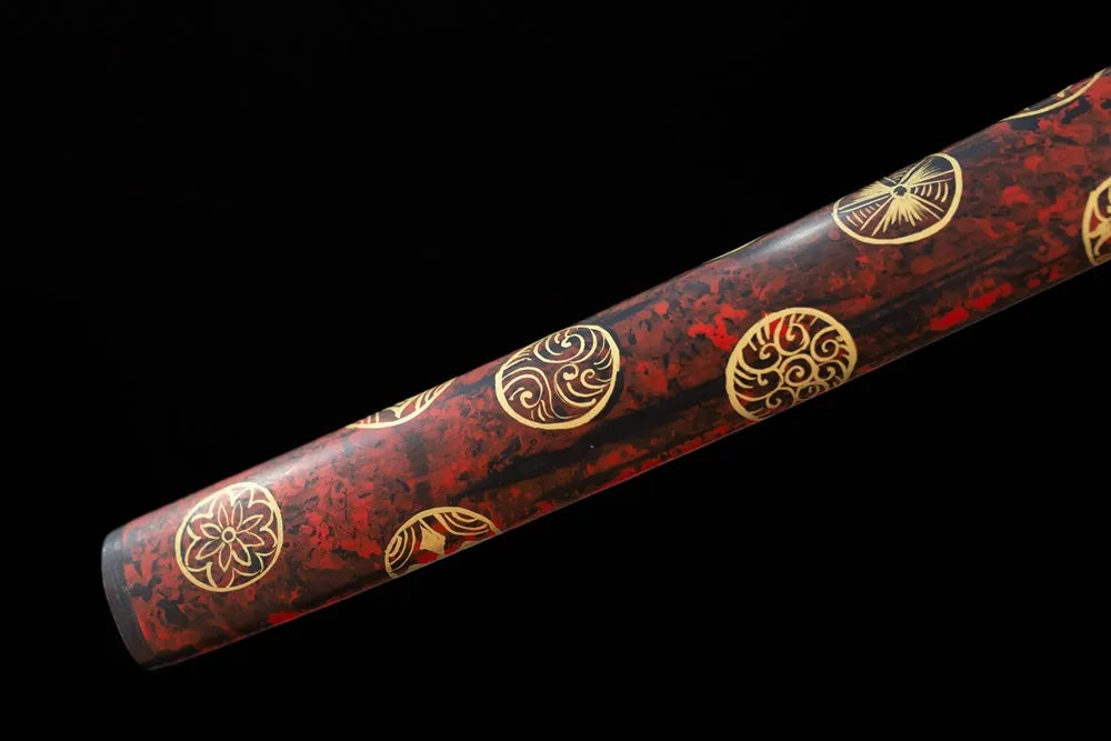 Bottom jet‑black hand‑painted ink‑wash saya matte‑iron alloy kojiri end‑cap close‑up