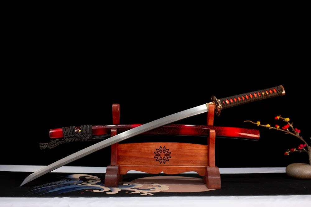 Slanted upright drawn Supreme‑Katana supreme‑luxury‑collector‑art katana wooden shelf front perspective