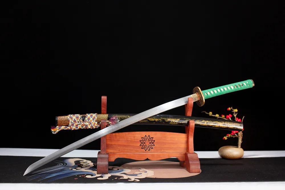 Slanted upright drawn Spring‑Breeze‑Ten‑Miles‑Katana oriental‑poetic‑landscape‑art katana wooden shelf front perspective