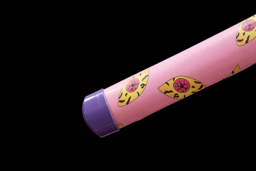 Bottom pink demon‑eye‑print saya purple alloy end‑cap close‑up