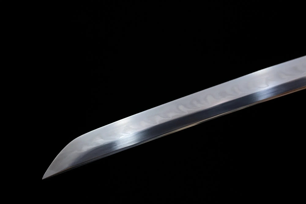Classic functional katana‑style kissaki tip of Lady‑Murasaki‑Katana blade close‑up view