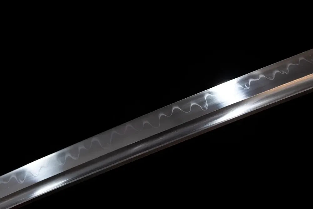 Mid‑section midare‑choji specter‑shard‑wraith‑flickering‑pattern hamon steel katana blade surface close‑up shot