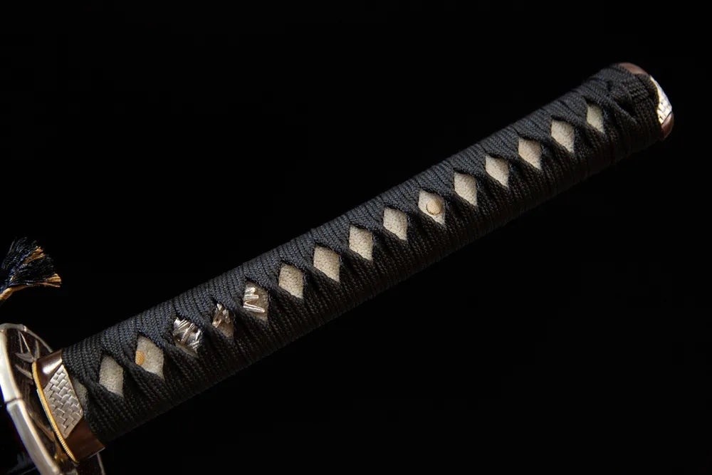 Full black diamond weave tsuka silver bamboo fittings front view