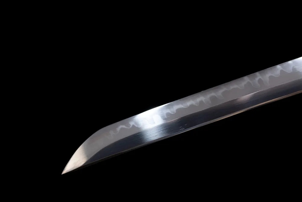 Classic practical katana‑style kissaki tip of Black‑Whirlwind‑Katana blade close‑up view