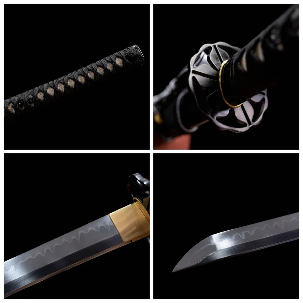 Four‑grid collage open‑work spider‑relief aged‑alloy tsuba, black ito tsuka, matte‑black scarlet‑spider saya, irregular gunome hamon blade close‑up details