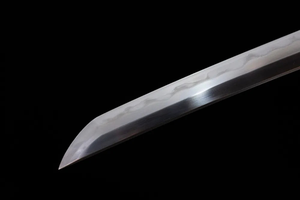 MIDAREKOMI boshi tachi‑style kissaki tip of White‑Knight‑Tachi composite‑steel blade close‑up view