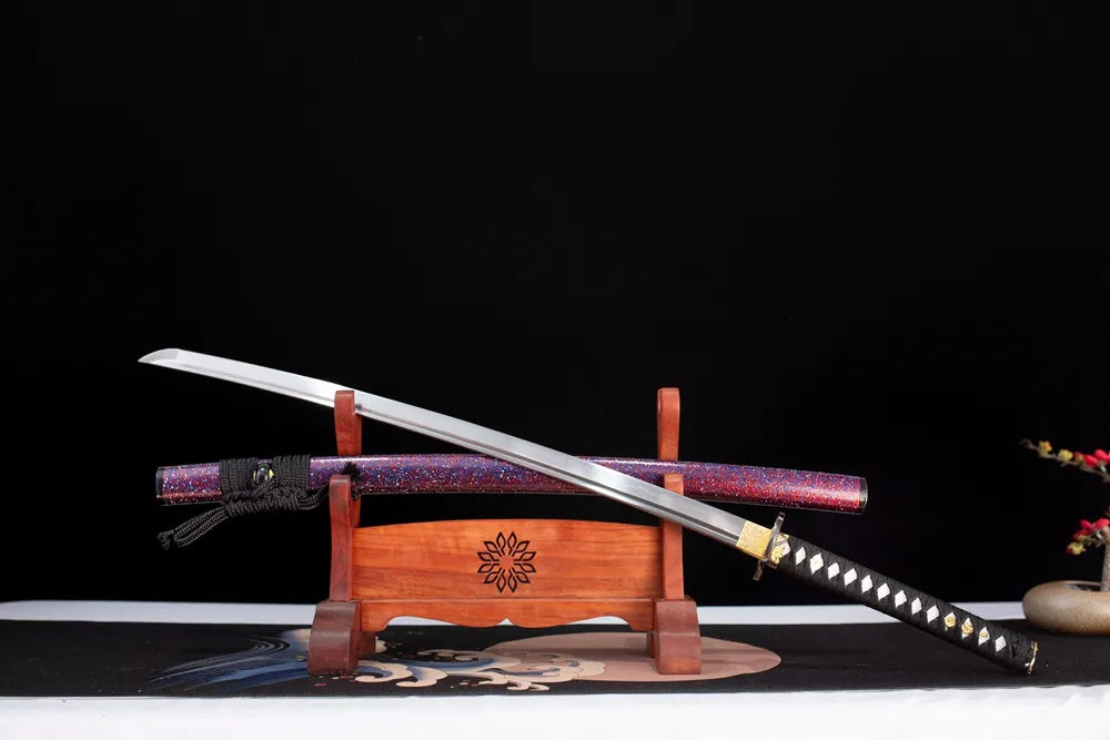 45‑angle open full‑size Moyuan‑Katana‑Set‑L moyuan purple‑glitter‑phantasm katana two‑layer wooden stand front view