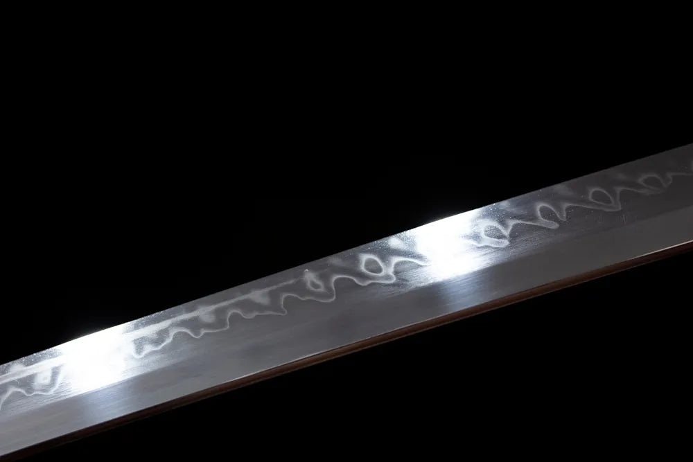 Mid‑section midare‑suguha night‑mist‑nebulous‑shifting‑pattern hamon steel katana blade surface close‑up shot