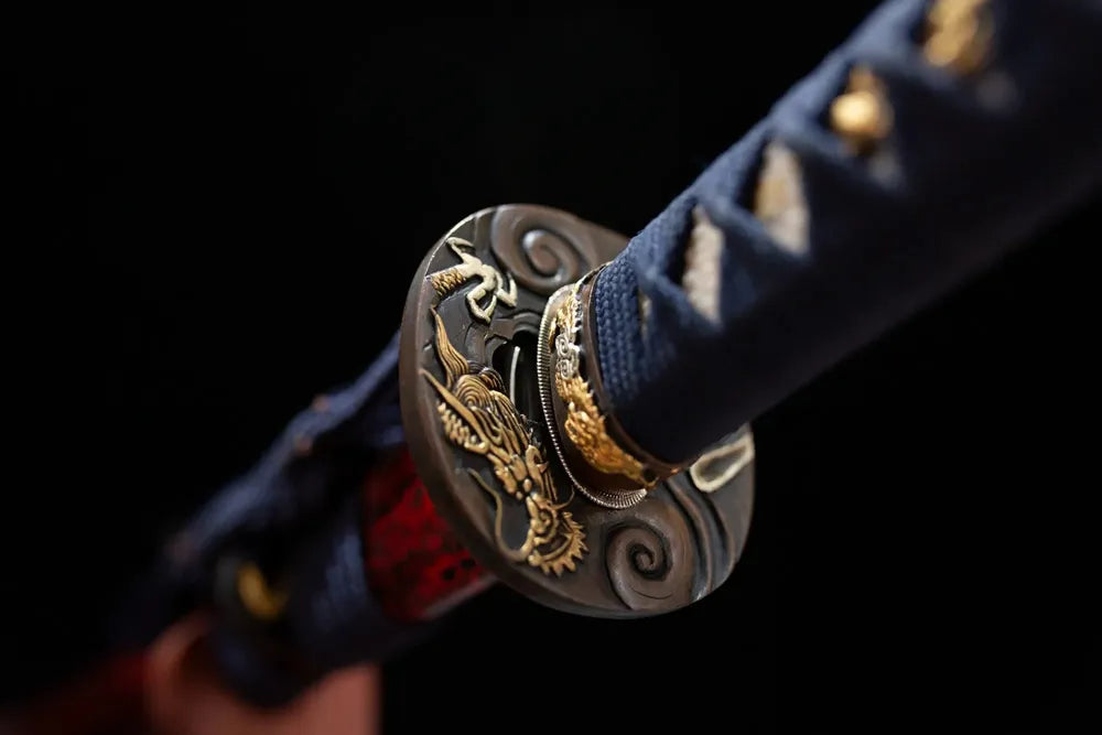 Reverse‑side storm‑thunder‑cloud carving dark‑silver aged‑alloy tsuba surface texture close‑up