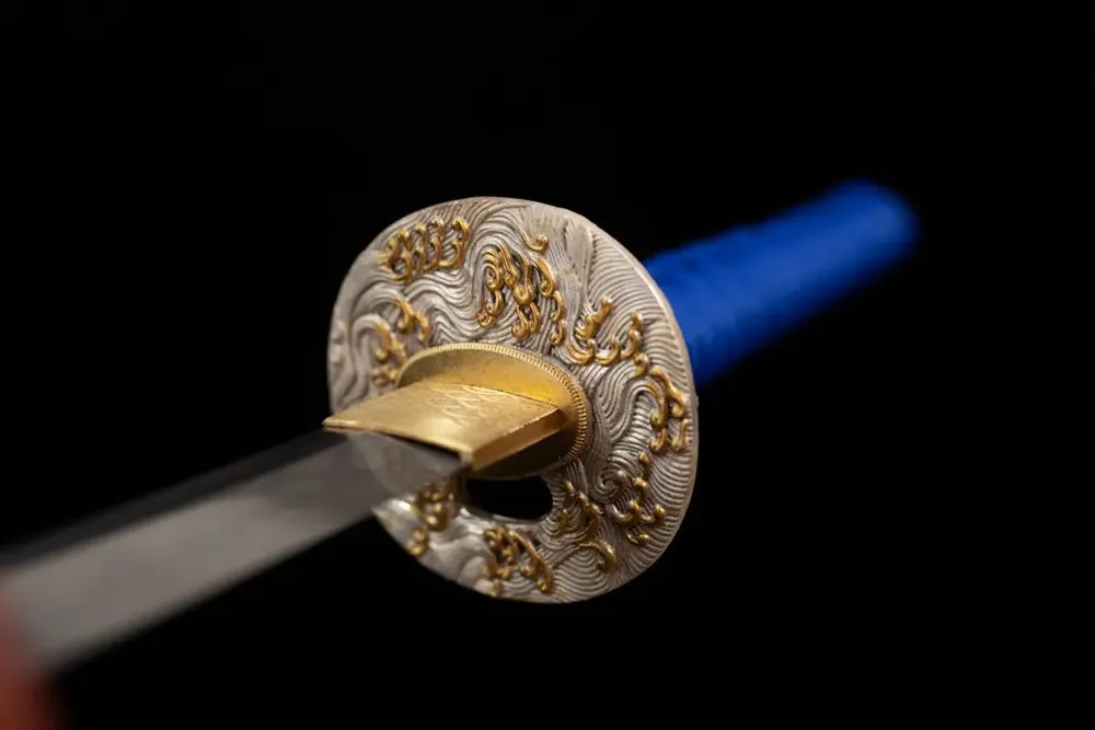 Front open‑work sea‑dragon‑deity‑beast‑relief antique‑gilt‑bronze katana hand‑guard close‑up