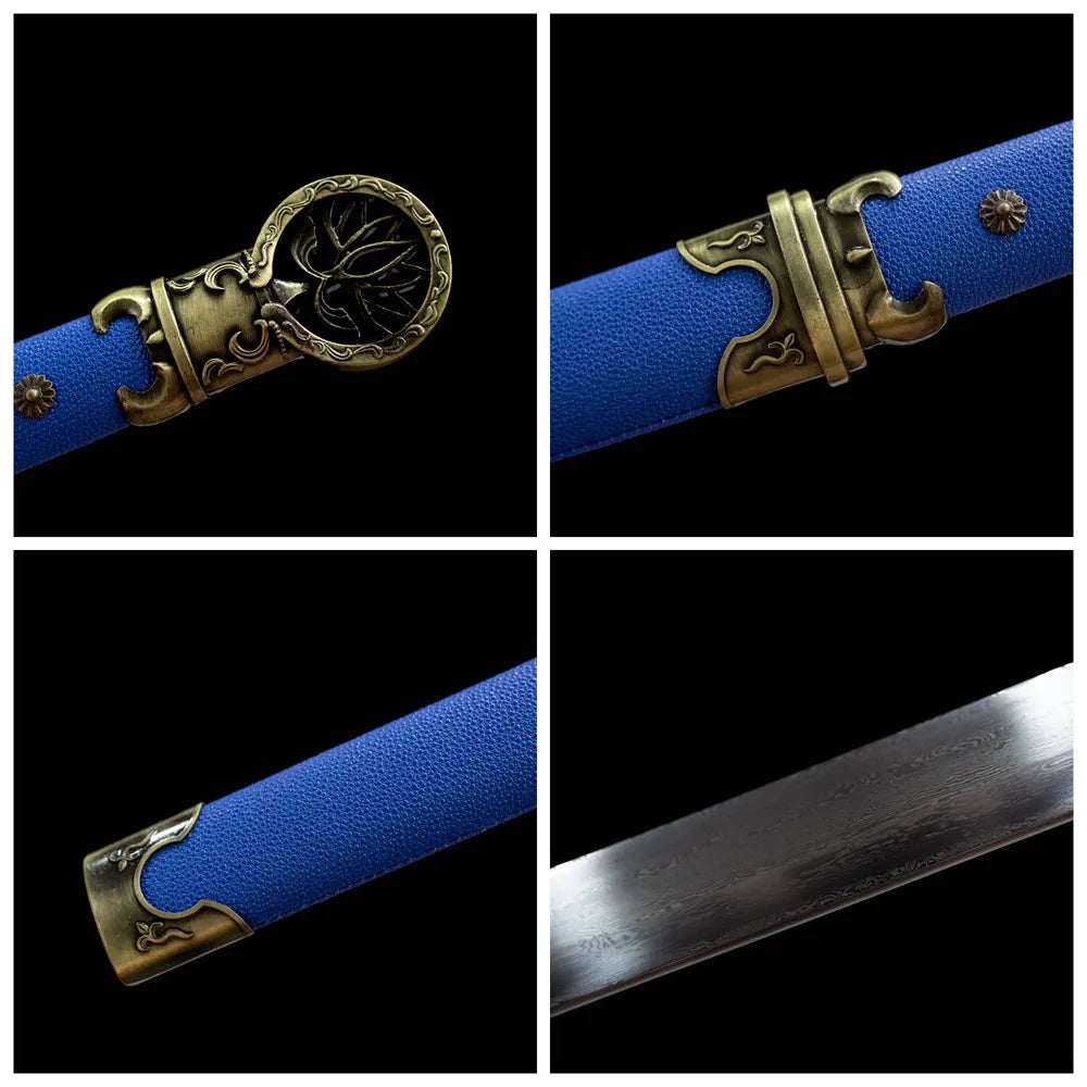 Four grid collage lotus pommel, bronze tsuba, blue saya, damascus blade close-ups