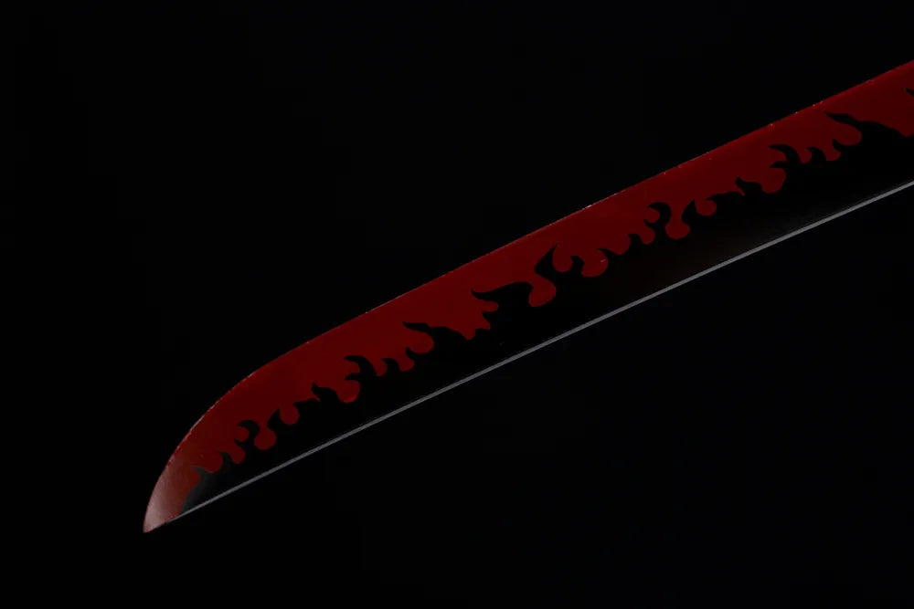 Classic smooth kissaki Rengoku nichirin blade tip close view