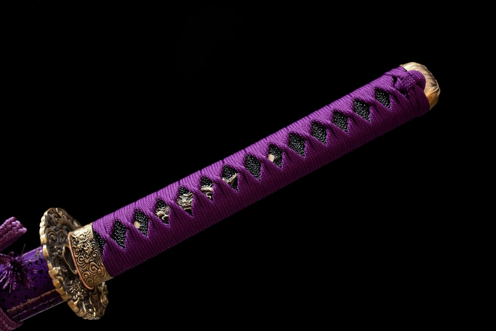 Full lavender‑mauve woven ito tsuka purple‑toned purple‑gild wisteria‑scroll‑relief fittings complete front shot