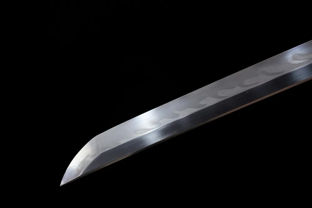 Classic functional katana‑style kissaki tip of The‑Great‑Wave‑Katana blade close‑up view