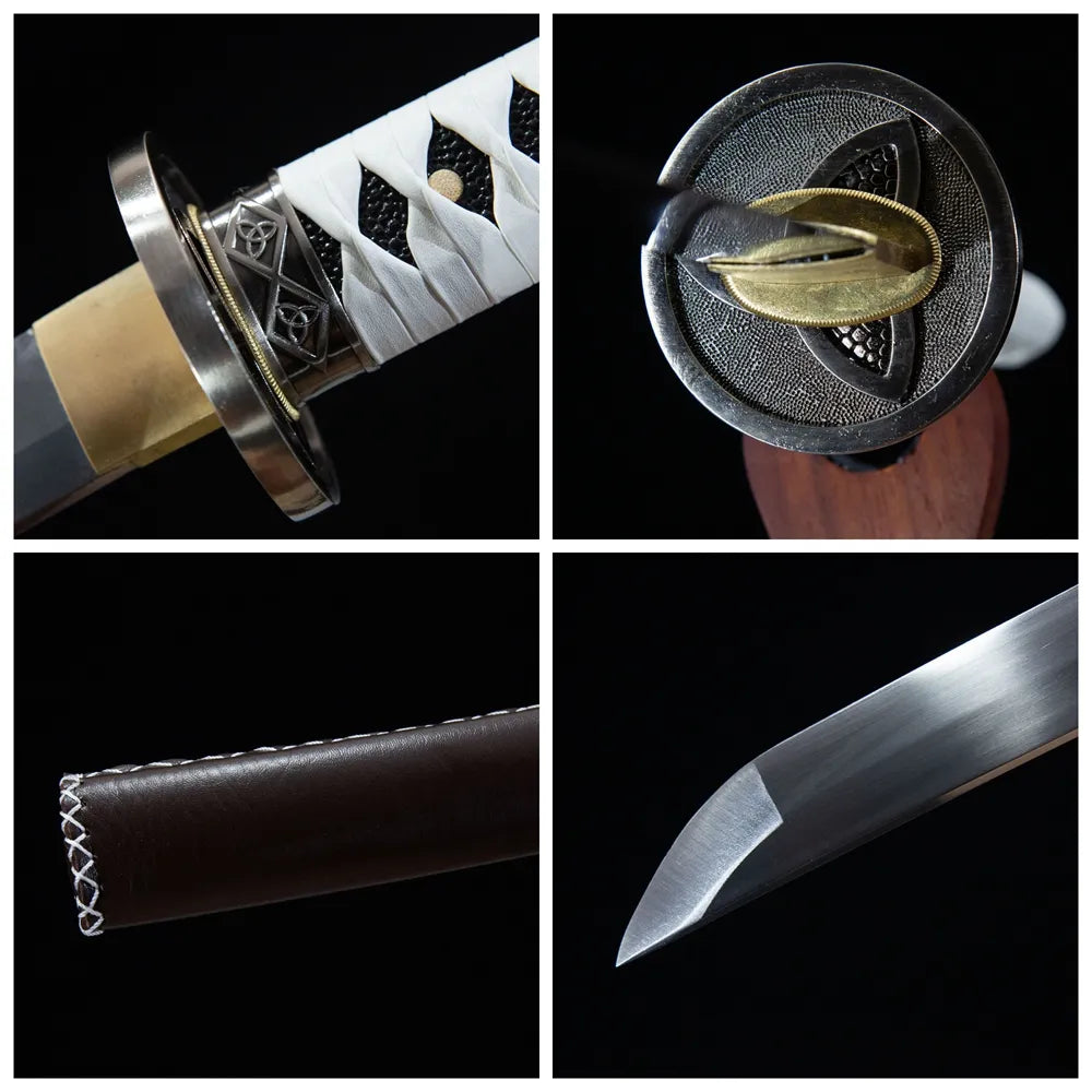 4-grid collage Michonne distressed black iron tsuba vintage tsuka weathered blade aged wood saya