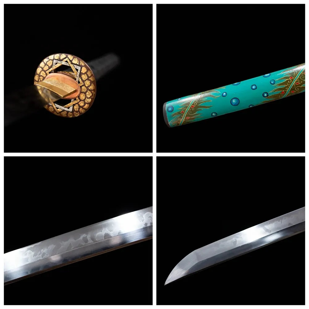 Four‑grid collage gold‑silver‑plated copper peacock‑tail‑feather‑relief tsuba, black woven ito tsuka, turquoise‑blue hand‑painted peacock‑tail‑plume saya, gunome‑choji peacock‑plumage layered‑serrated hamon blade close‑up details