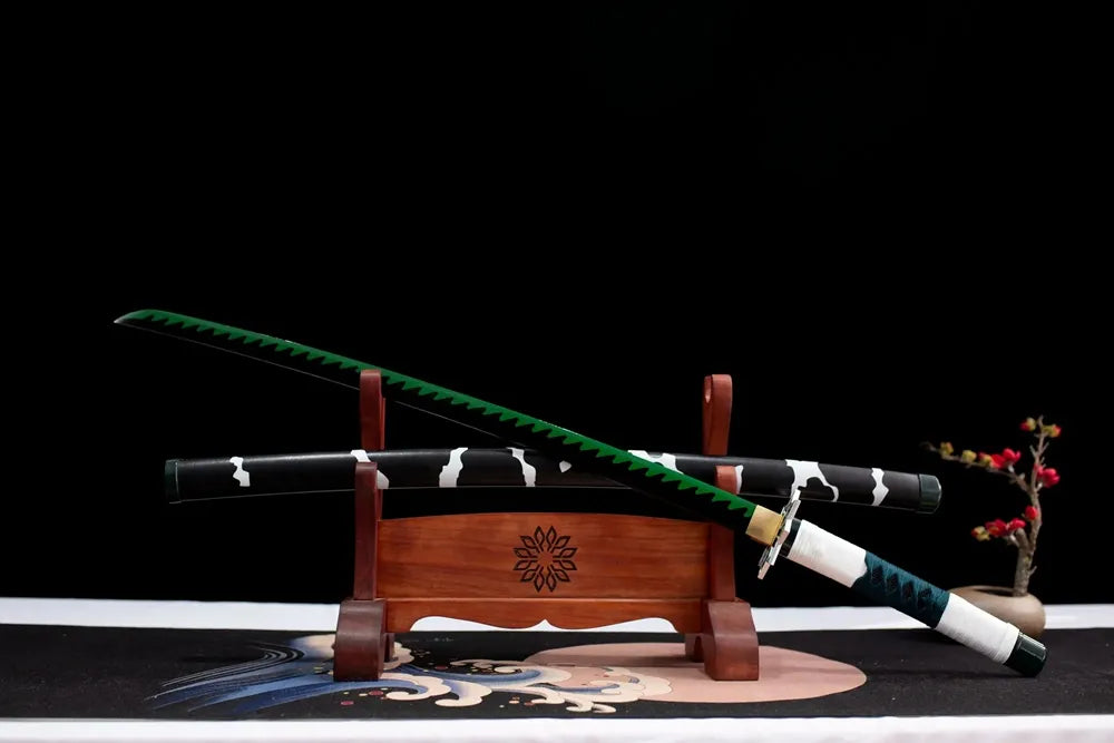 45‑angle open full‑size Wind Hashira Shinazugawa Sanemi katana two‑layer wooden stand front view