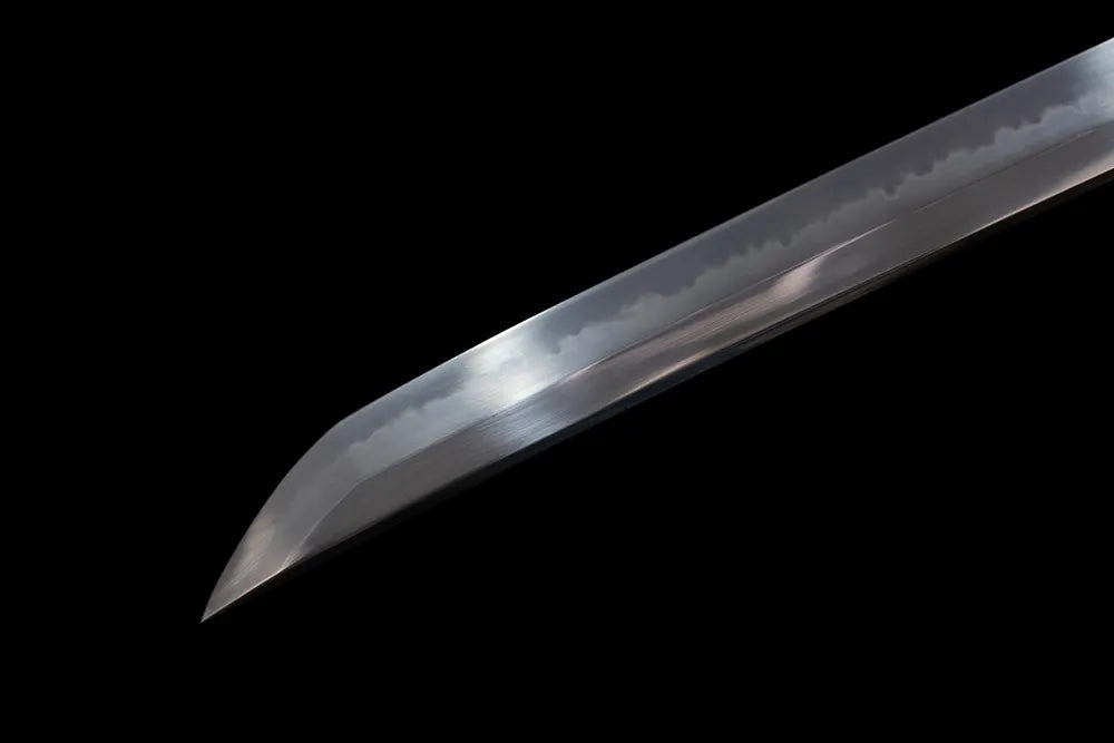 Classic functional katana‑style kissaki tip of Blooming‑Katana blade close‑up view
