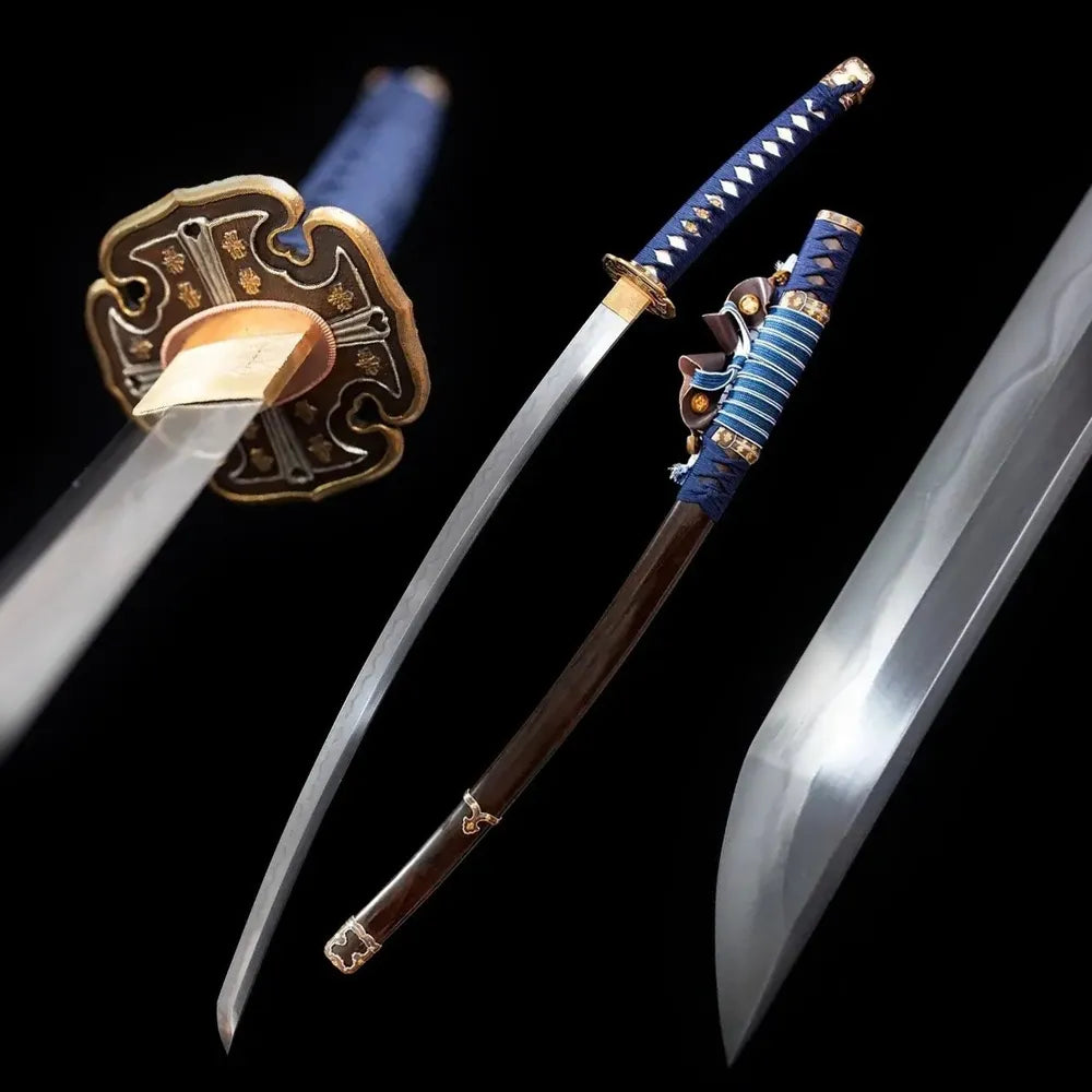 Gold‑Leaf‑Tachi gold‑leaf ancient‑cavalry‑tachi‑traditional‑heritage‑motif japanese tachi sword drawn T10 ko‑notare classical‑undulating‑wave hamon blade ebony‑solid‑hardwood tachi saya full black‑background studio shot