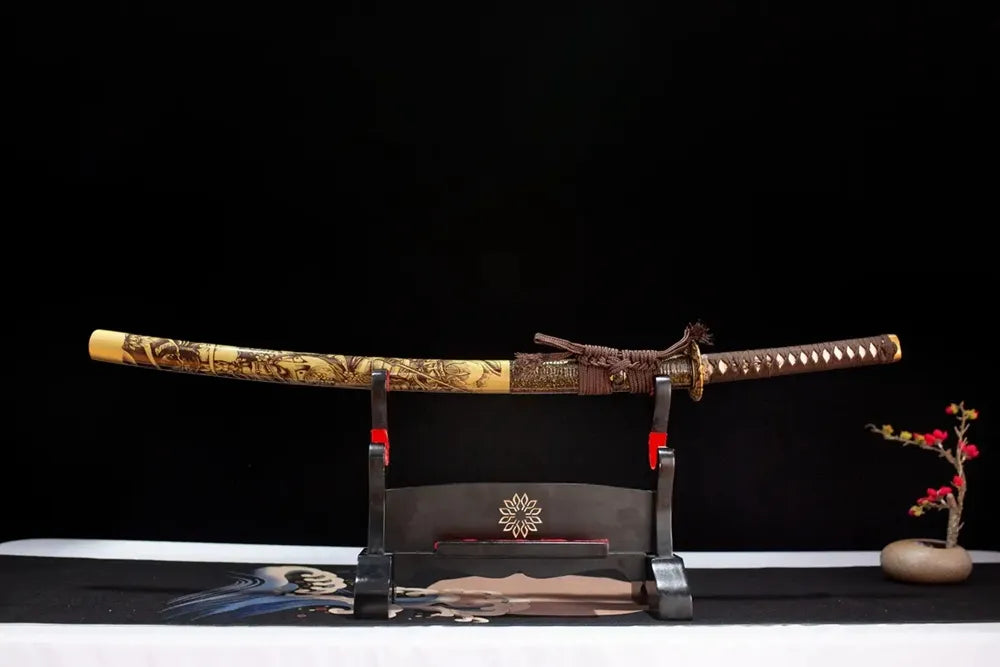 Horizontal laid closed ash‑gray‑shadow wraith‑armor‑phantom‑flame Ghost‑Warrior‑Katana scabbard flat table‑top front display